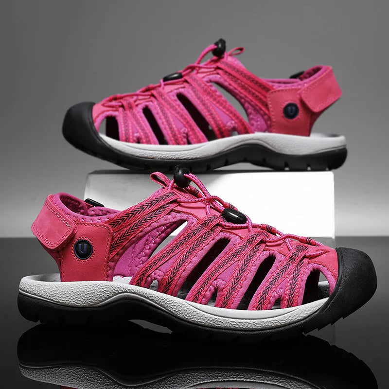 Women's plus size toe box sandals with elastic band, leather mesh upper, round toe, available in black