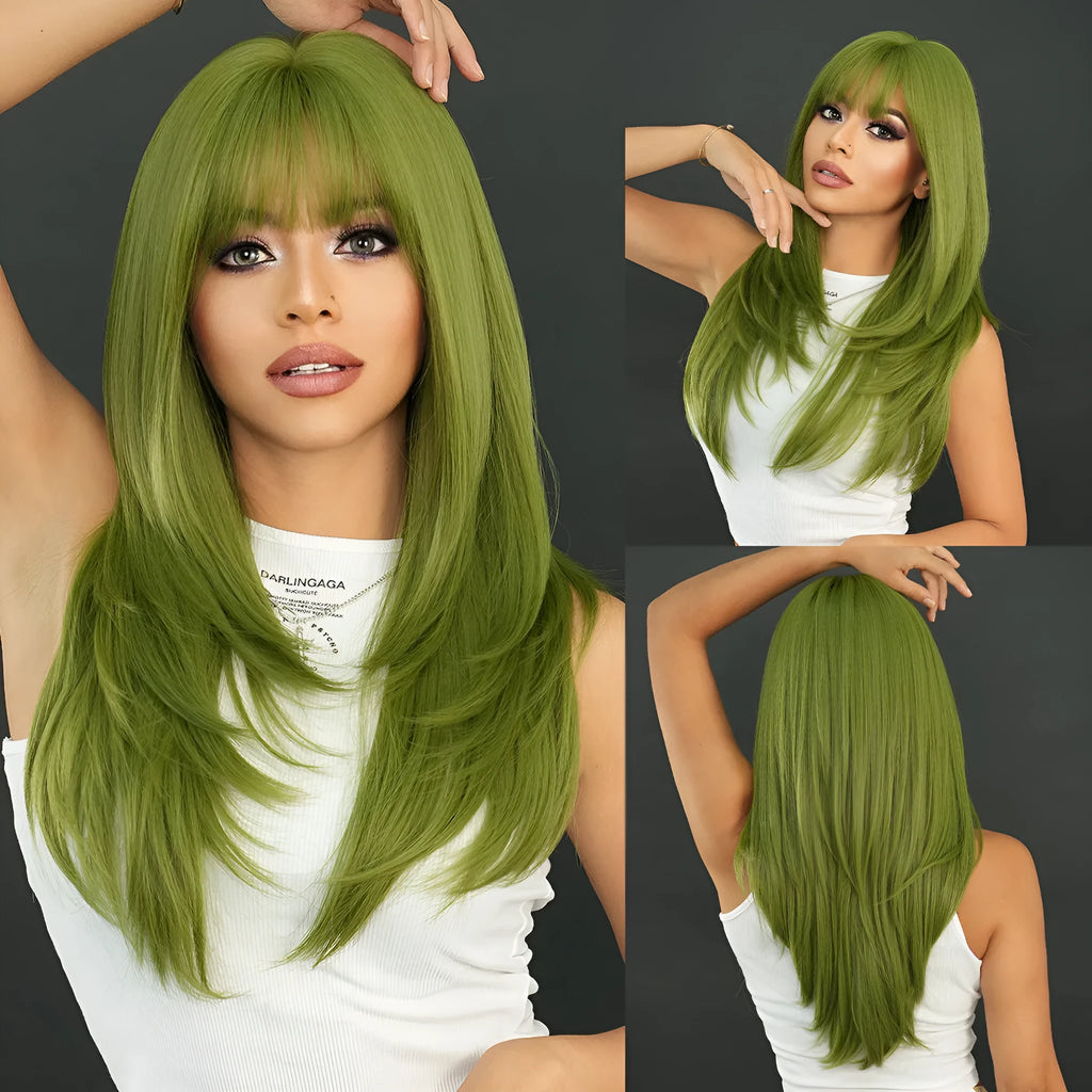Vanilla green long straight women's wig with bangs, 63cm domestic silk, non-thermal dye