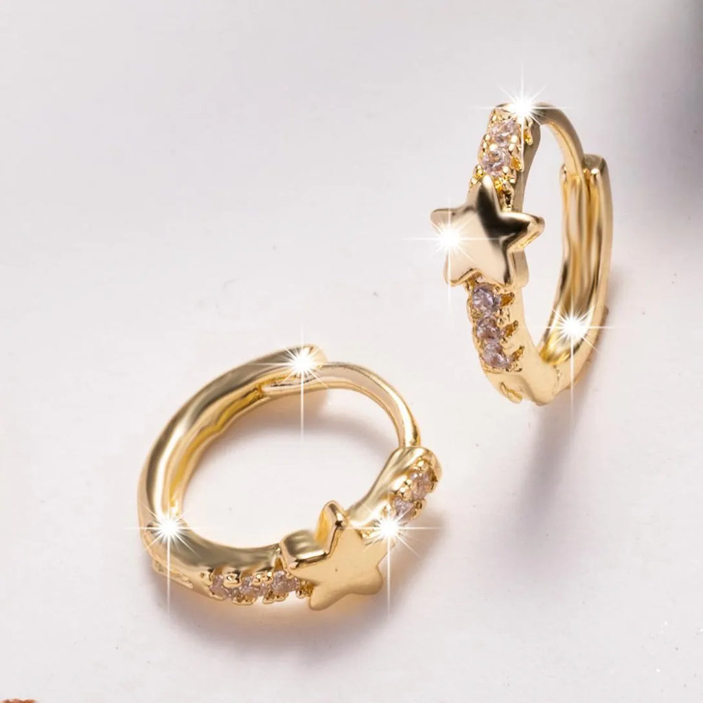 Gold copper geometric five-pointed star earrings with inlaid zircon for women