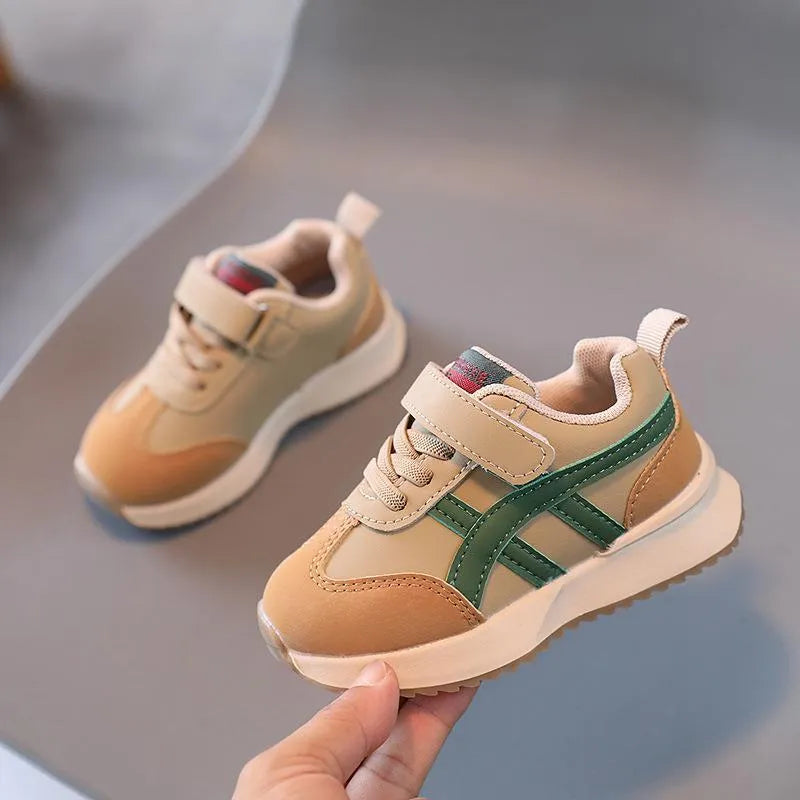 Children's synthetic leather sneakers with Velcro closure in white, beige, and khaki colours