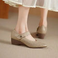 Women's black wedge high heels with pointed toe, PU upper, and hook-loop strap against a white background