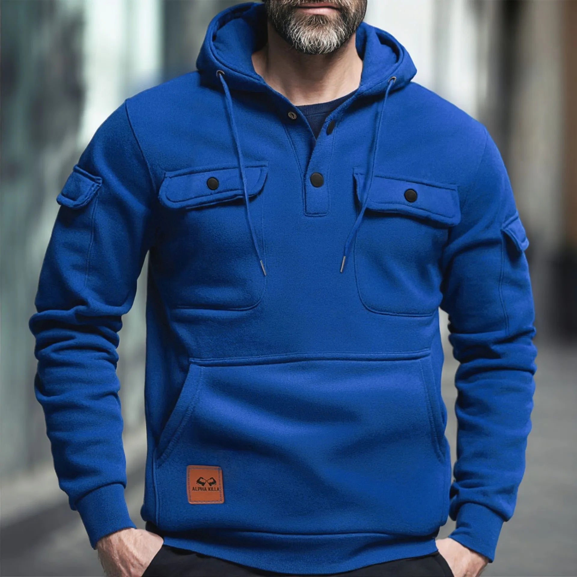 Men's solid colour multi-pocket pullover sweater with wool lining in black, front view, loose fit