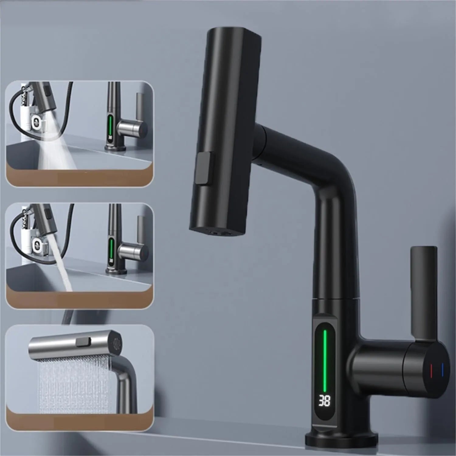 Intelligent digital display pull-out basin faucet with LED temperature screen, copper finish, and 60cm hose