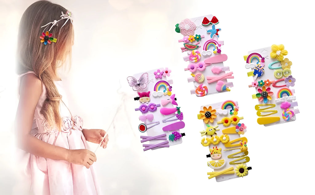 14PCS toddler hair accessories set with rainbow barrettes and colourful fruit and butterfly patterns on white background