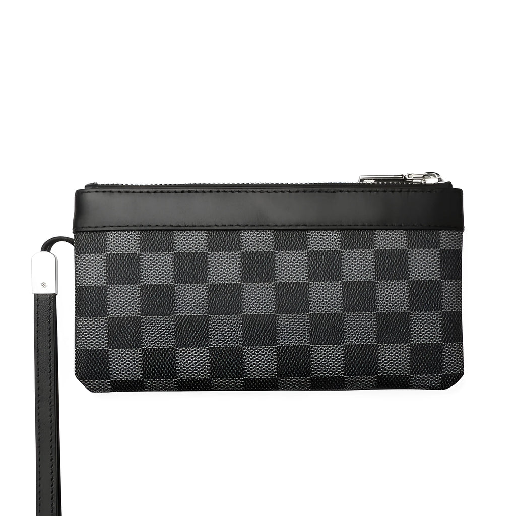 Men's black leather plaid clutch wallet showing 20×10cm dimensions and genuine cowhide construction