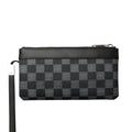 Men's black leather plaid clutch wallet showing 20×10cm dimensions and genuine cowhide construction