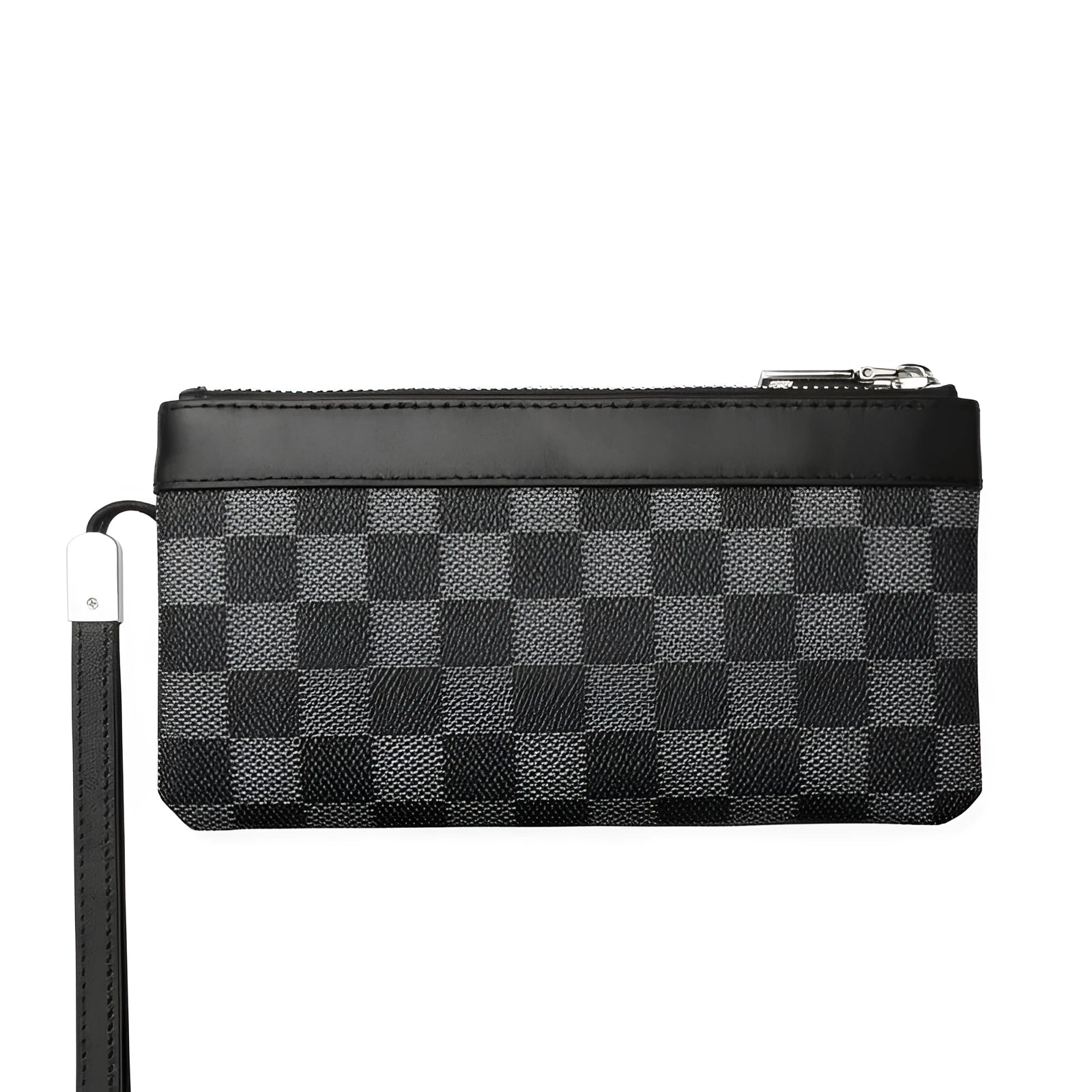 Men's black leather plaid clutch wallet showing 20×10cm dimensions and genuine cowhide construction