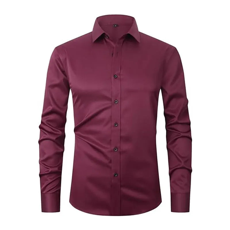 Men's blue stretch long sleeve work shirt made from polyester fabric on a hanger.