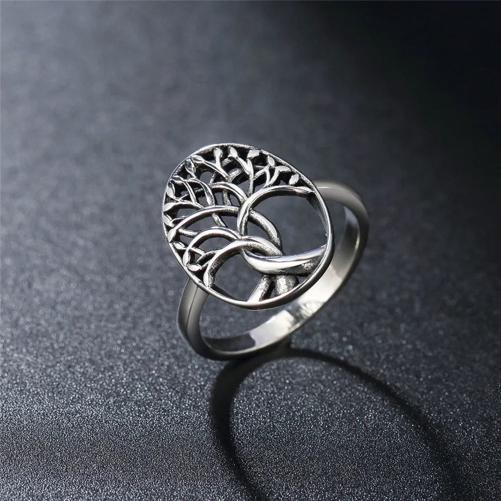 Retro Tree of Life design on a men's titanium steel ring shown in picture colour