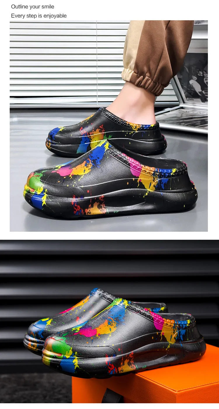 Men's black waterproof platform pump chef shoes with a protective toe cap on a textured EVA sole.