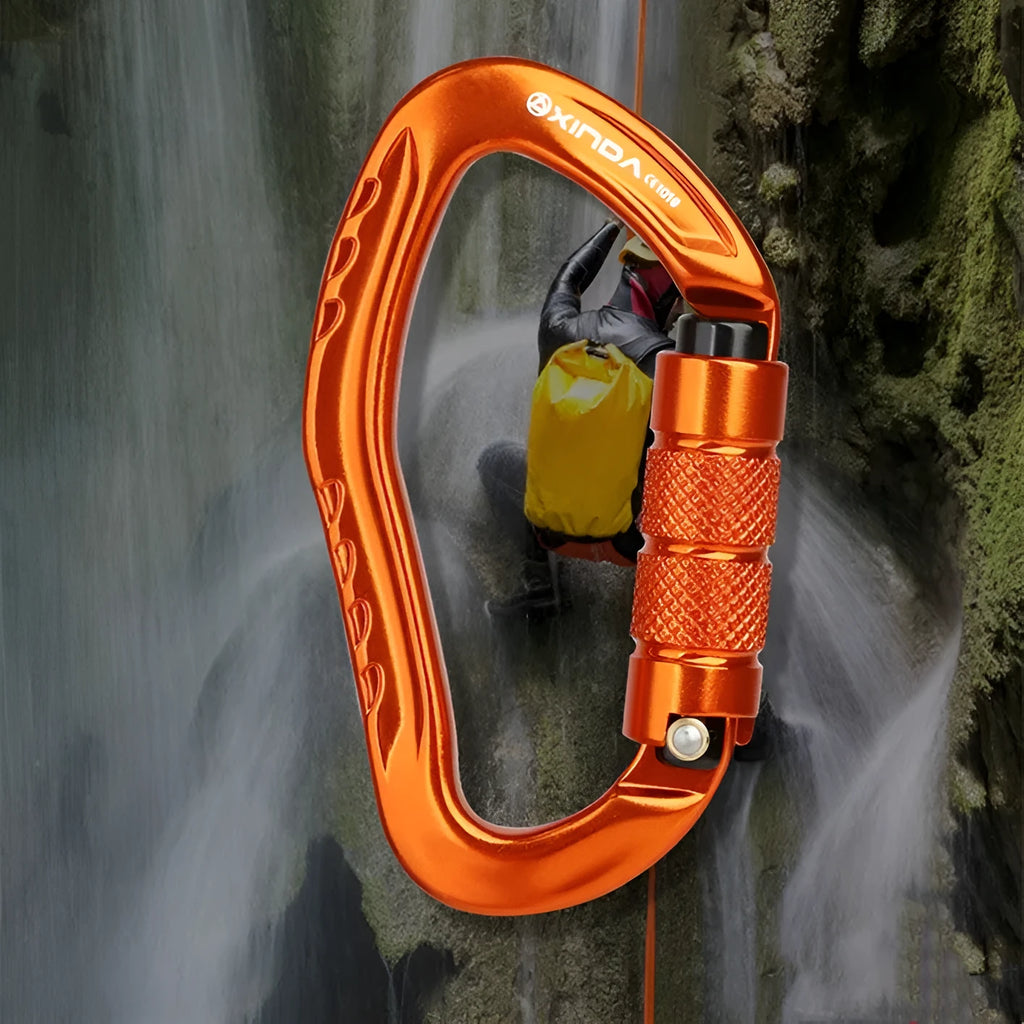 Climbing carabiner with automatic master lock in choice of five colours for rock climbing equipment