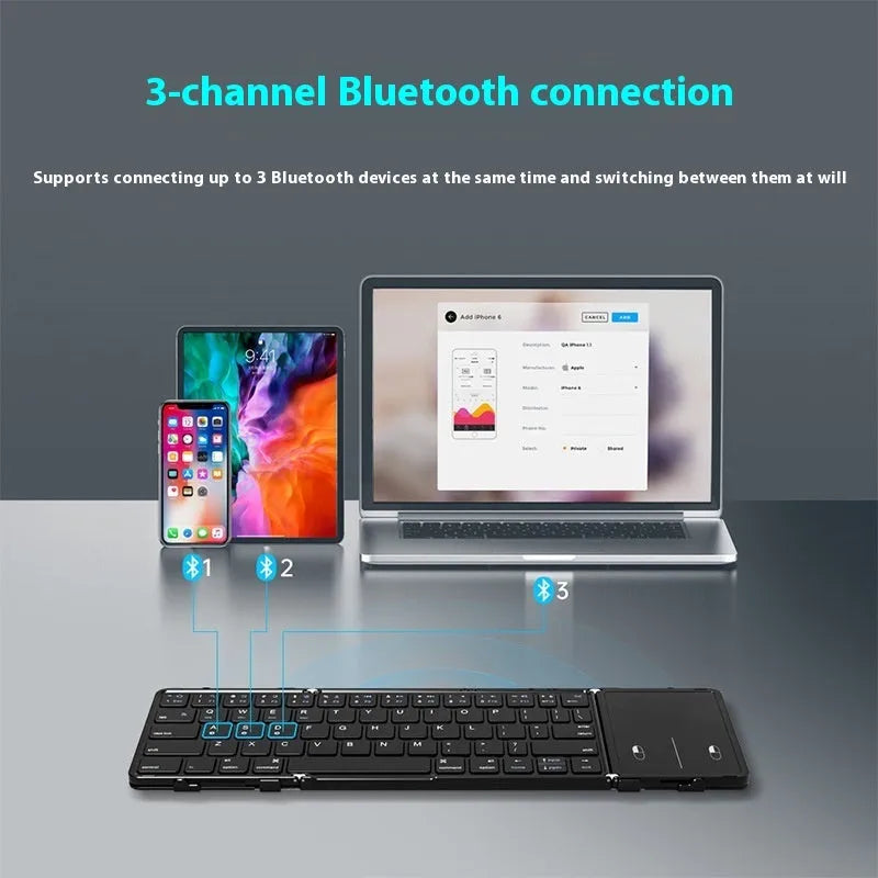 Black folding Bluetooth keyboard for mobile phones and tablets showing compact folded size