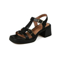 Women's black retro chunky heel sandals with T-buckle, open toe, square toe, and platform sole