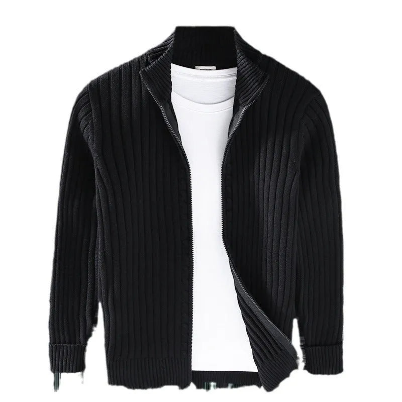 Men's loose fit cotton sweater coat in carbon gray, side view