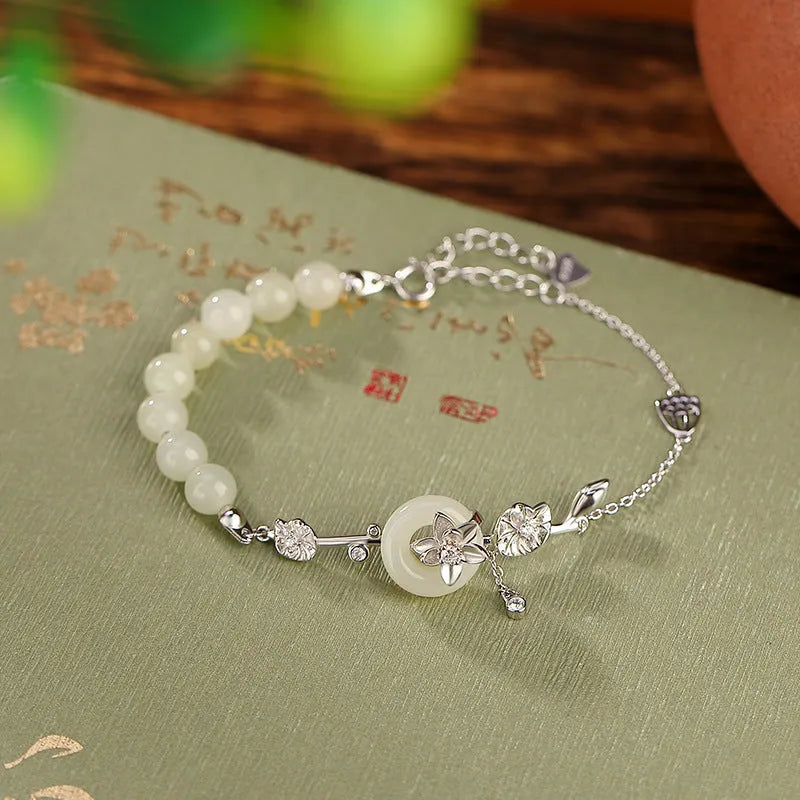 Hetian Jade Lotus Peace Buckle Bracelet 925 Silver gold plated retro women's jewellery