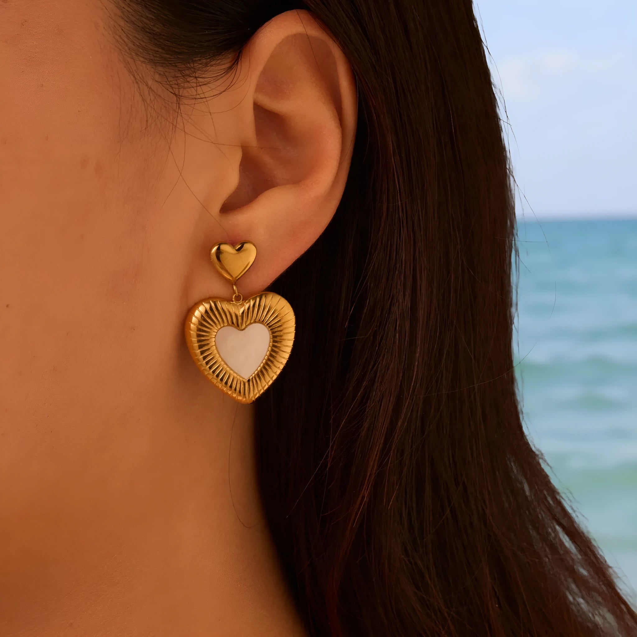 Heart-shaped fritillary earrings with stainless steel construction and 18K gold electroplated finish