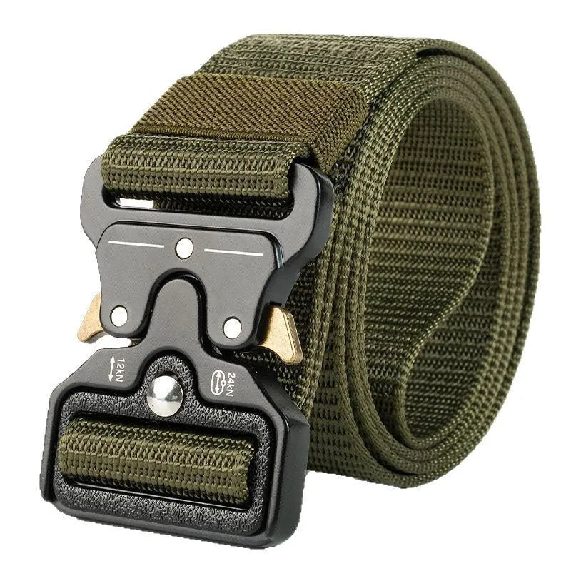 Men's thick canvas tactical belt with alloy buckle in multiple colour options showing release mechanism