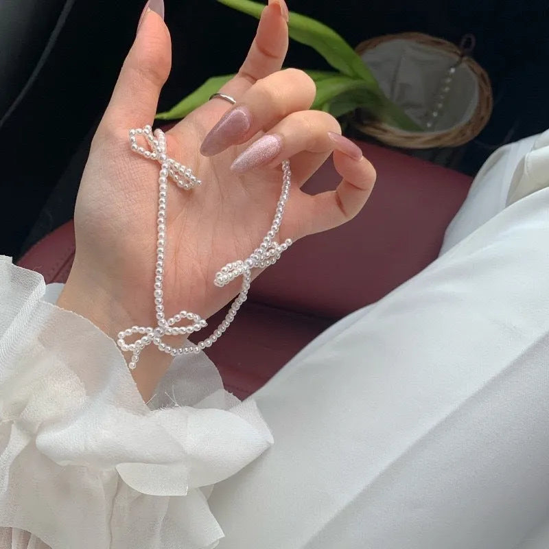 Sweet bow pearl necklace for women simple design clavicle chain white imitation pearls adjustable 31-40cm