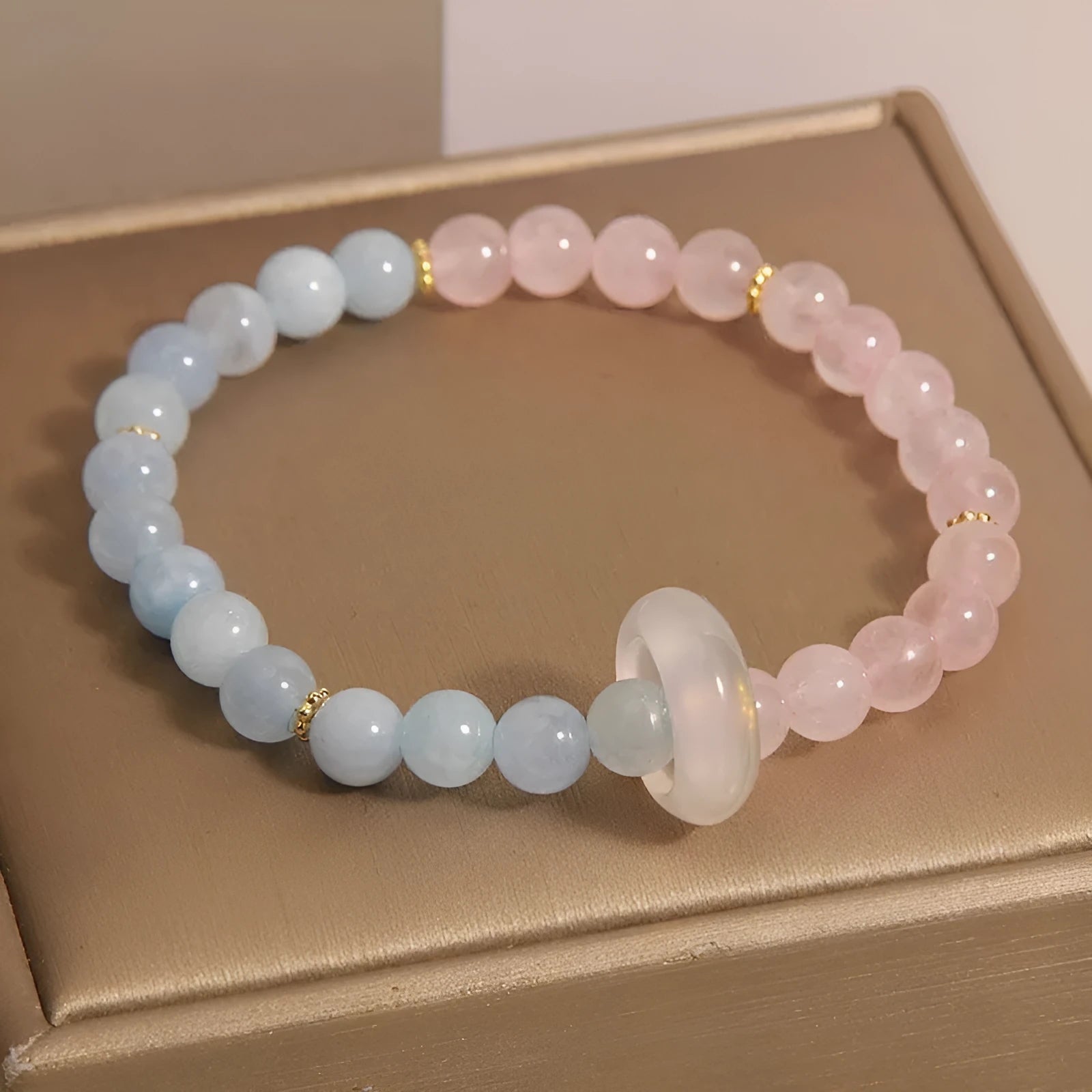 Women's light luxury handmade mixed material crystal bracelet with round beads in pink blue colour