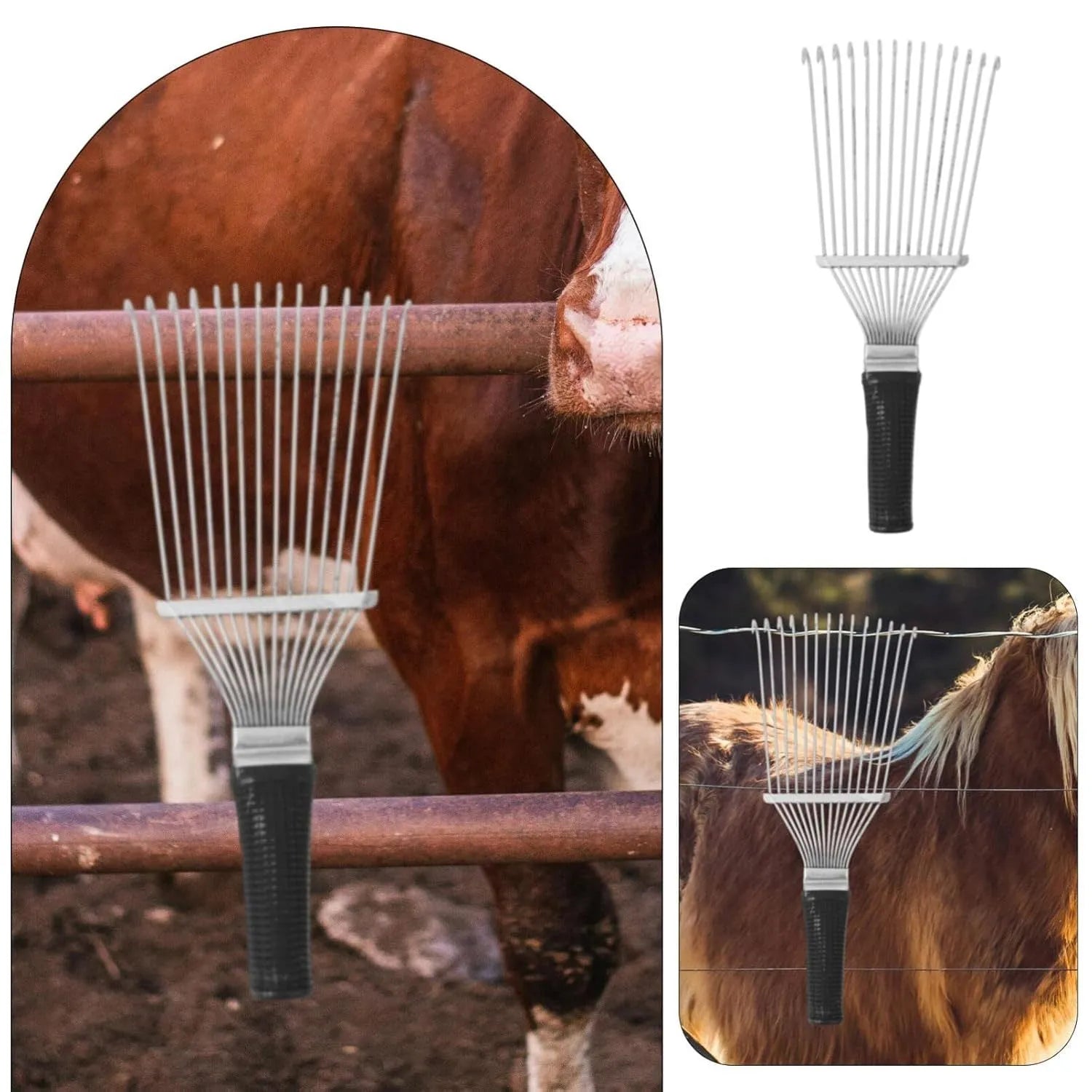 Stainless steel pet grooming hand rake comb for dogs and horses, 33 cm long.