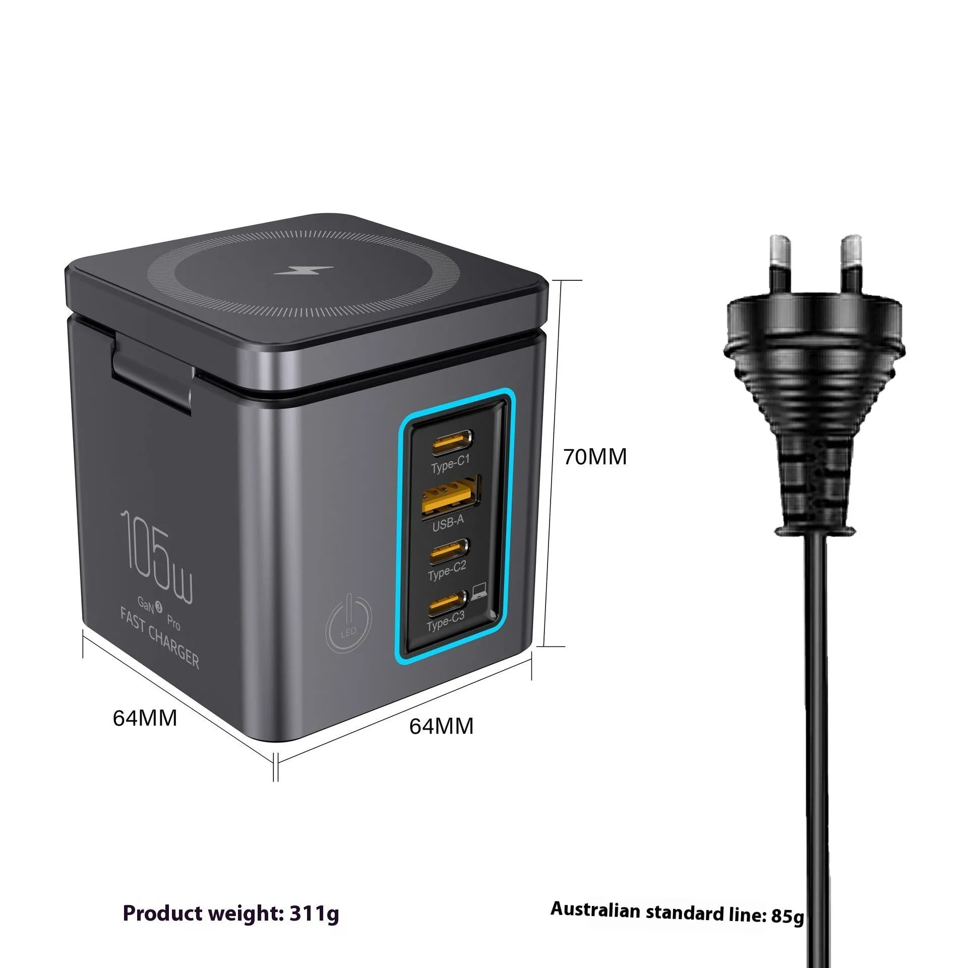 105W GaN magnetic wireless charger in black with interchangeable UK EU US AU power plugs