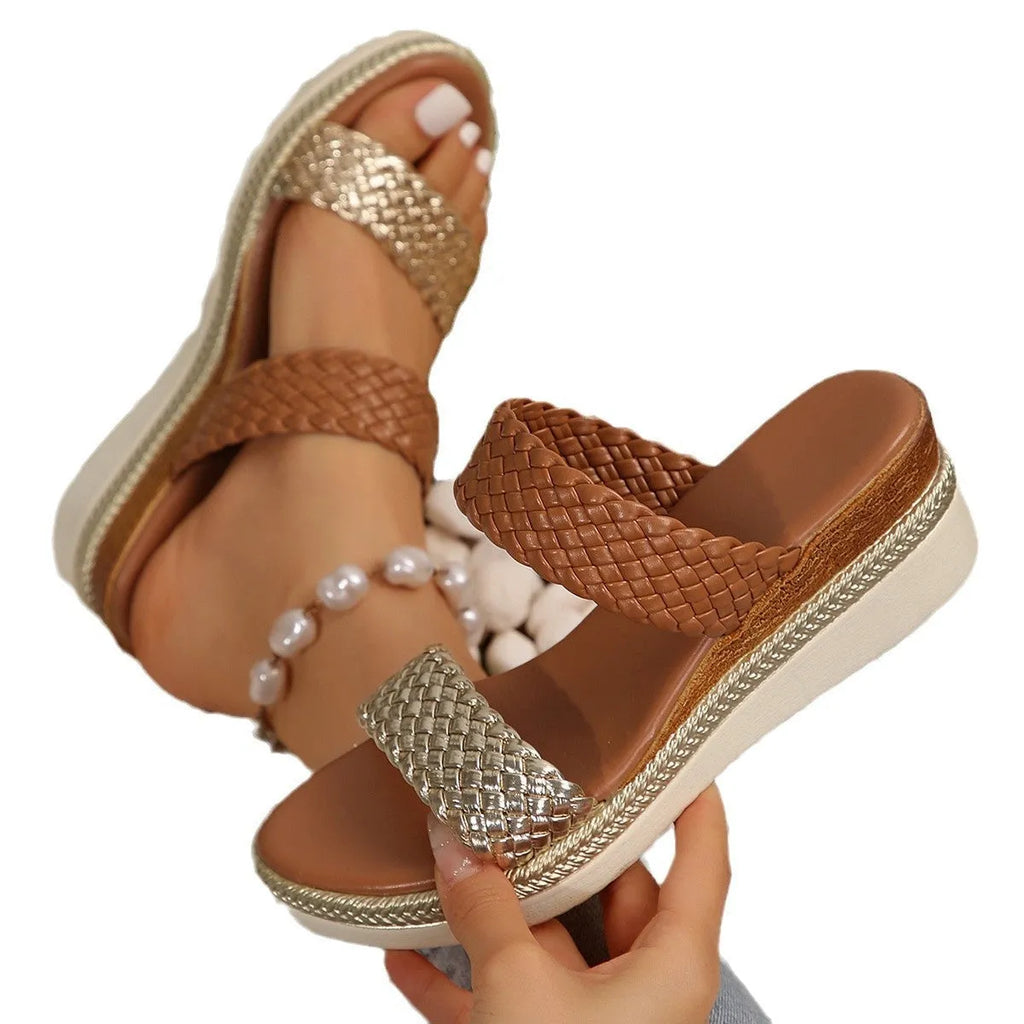 Gold and silver plus size wedge sandals for women, sizes 36-43, with PU upper and rubber sole.