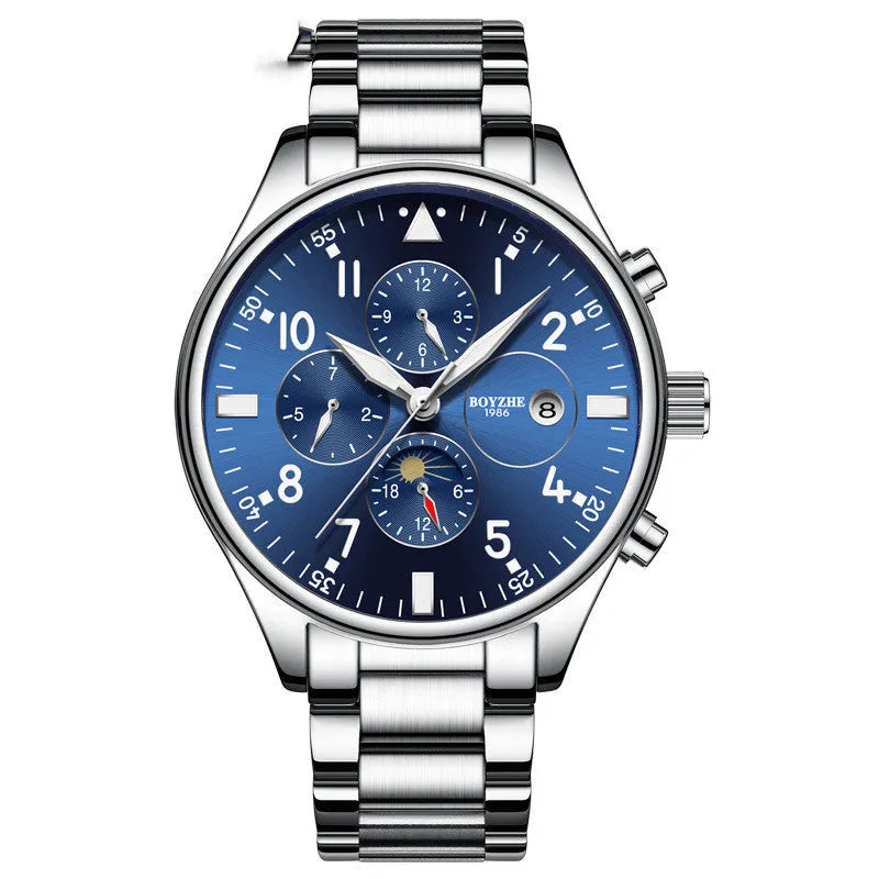 Automatic mechanical watch with 40mm metal case and steel belt in rose gold blue finish