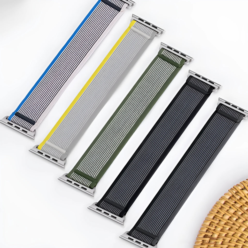 Single ring integrated nylon watch strap for Apple Watch in various colours on a grey background