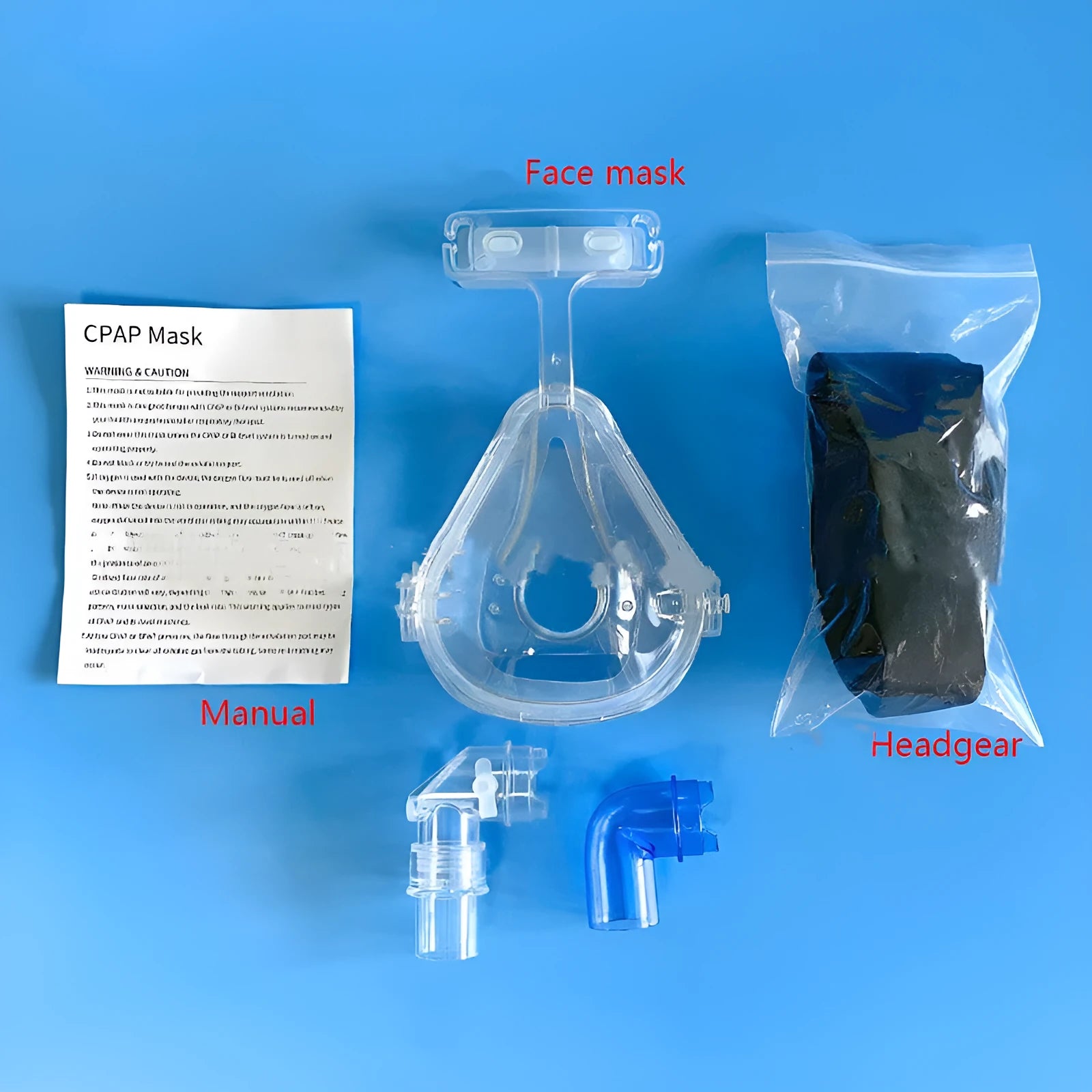 Transparent CPAP breathing mask with silicone seal and complete ventilator accessories kit