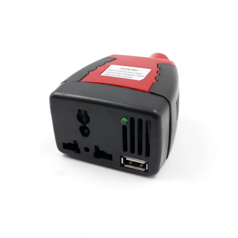 150W car power inverter 12V to 220V with USB output in black and red plastic casing