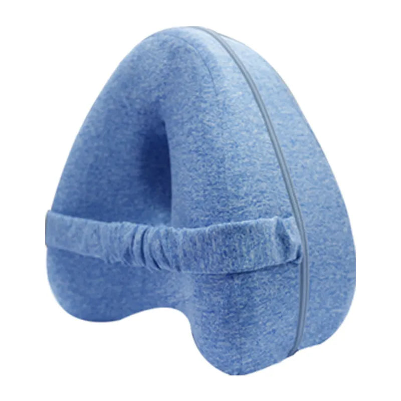 Dark blue jacquard heart-shaped memory foam leg pillow showing dimensions 25x23x13cm