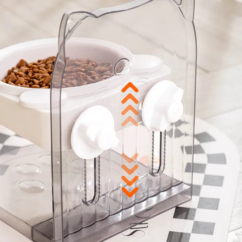 Grey cat feeding bowl with anti-spill cat ears design and removable hanging cage