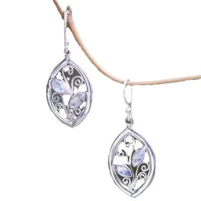 Silver alloy leaf-shaped earrings with embedded colourful moonstone gemstones and diamond-cut treatment