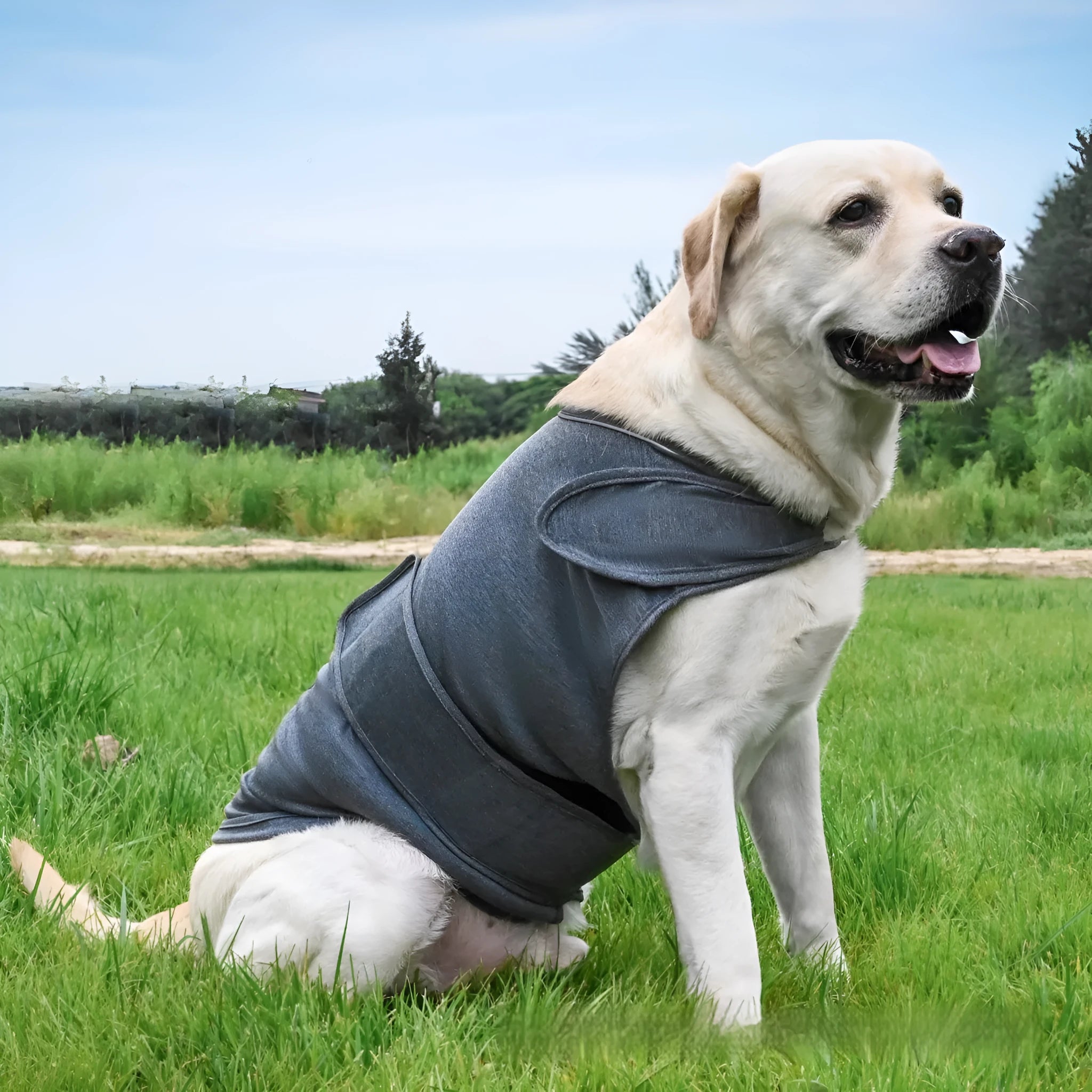 Dog wearing anxiety relief tank top in brocade cotton fabric