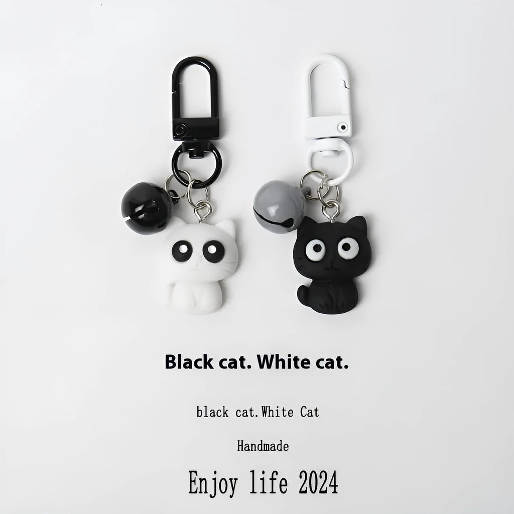 Cartoon little black cat and white kitten key chain pendant on handbag
