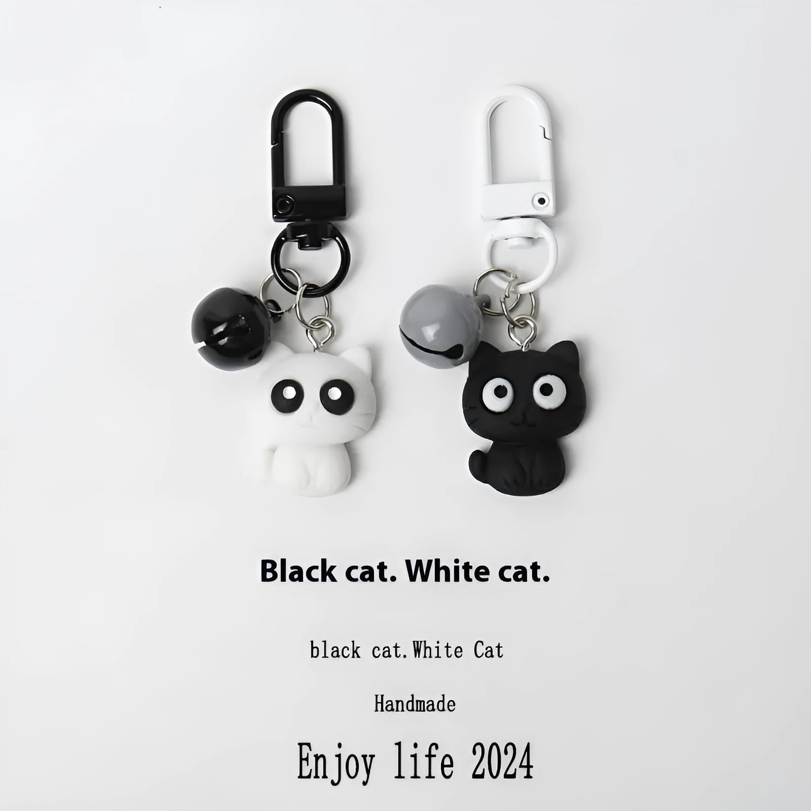 Cartoon little black cat and white kitten key chain pendant on handbag