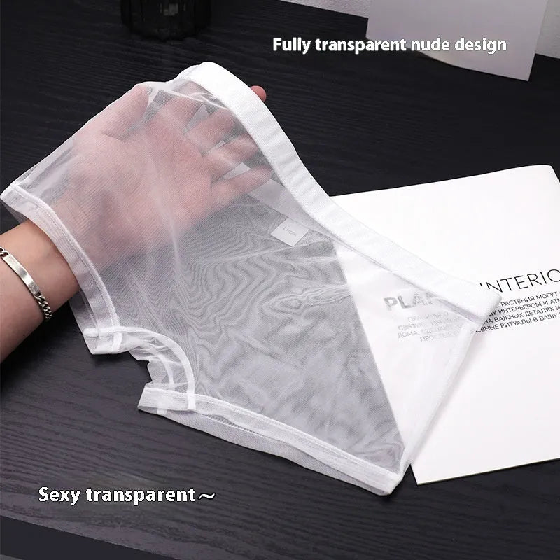 Men's thin sheer mesh boxer briefs in multiple colours on a white background