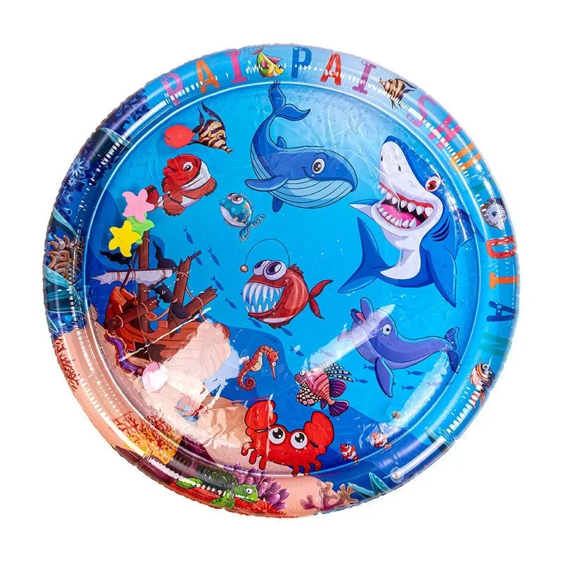 Blue inflatable PVC water mattress for pets with dolphin design, showing cooling gel interior