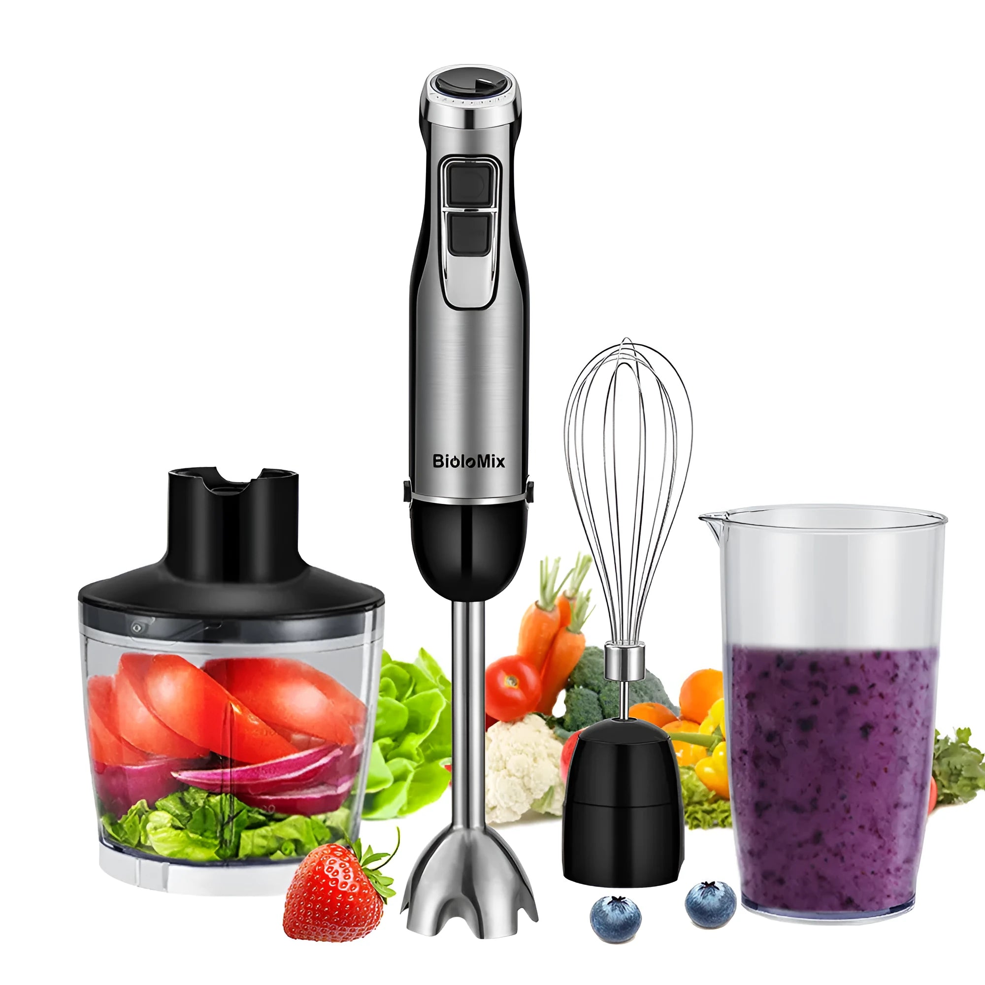 Biolomix silver 4-in-1 hand held immersion blender with stainless steel shaft and whisk on a kitchen counter