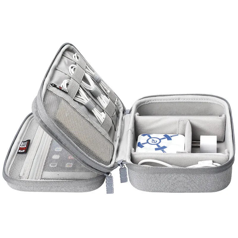 Black and grey EVA digital storage bag with hand bag shape for headphone and electronics organisation