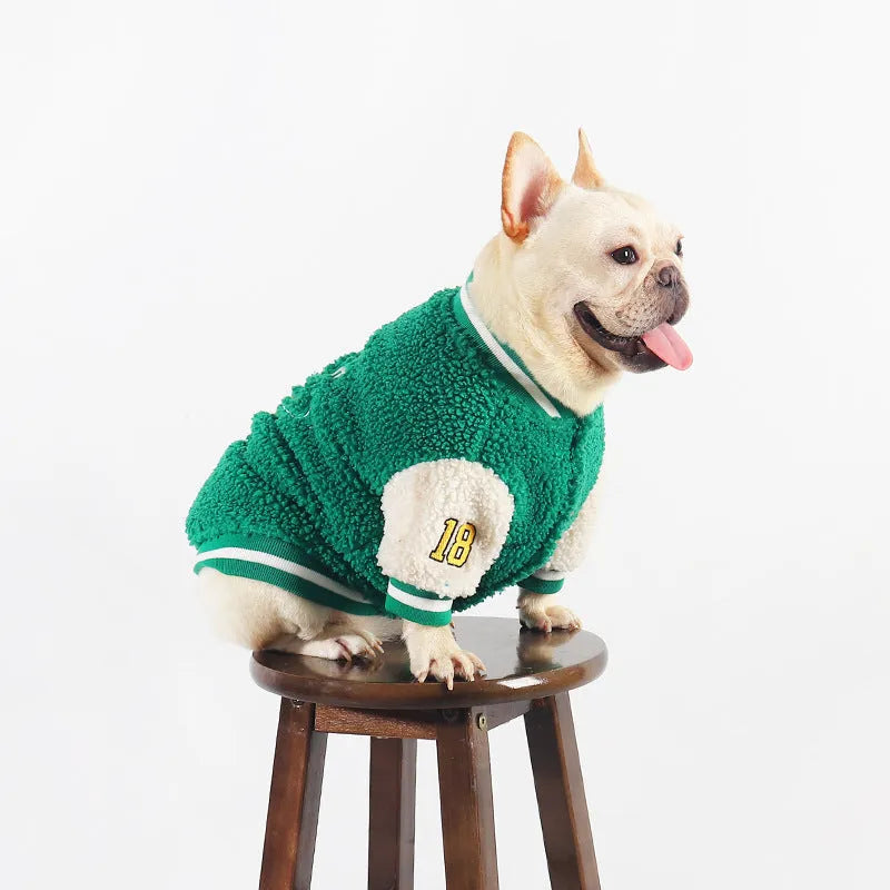 Green fleece-lined dog coat for winter, available in sizes L to 4XL, made of cotton and polyester