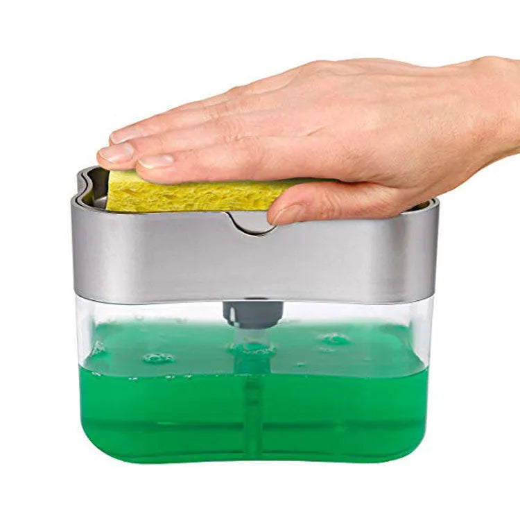 Compact plastic kitchen soap dispenser in silver, 14.5 cm tall, on a countertop