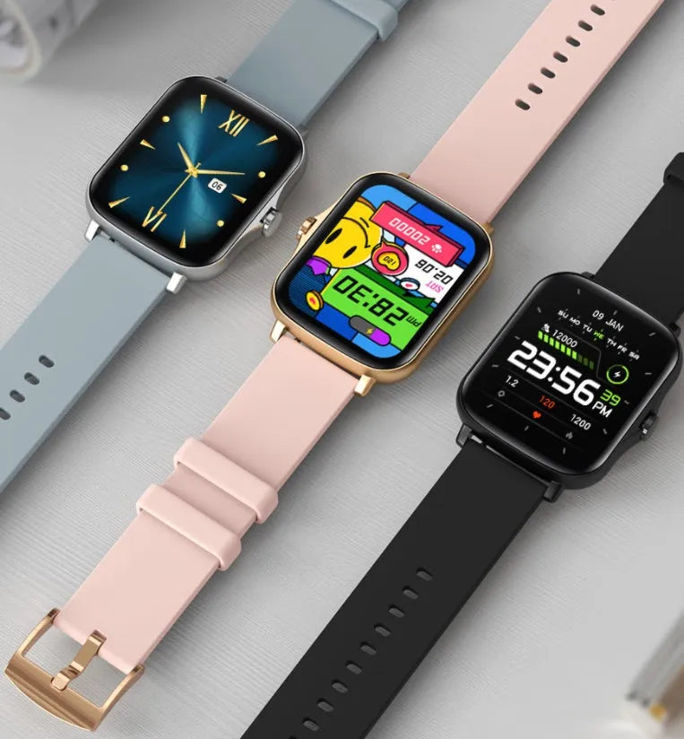 Blue smart sports watch with 1.7-inch touchscreen display showing heart rate monitoring interface