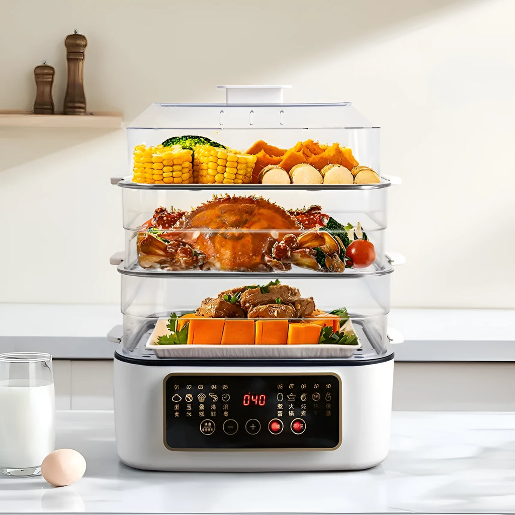 28-litre electric steamer with stainless steel rack and control panel