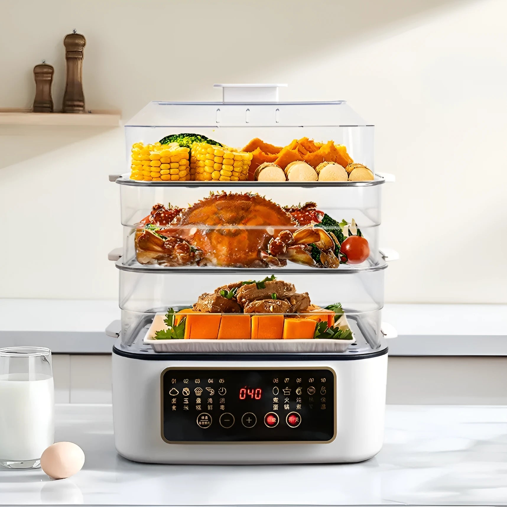 28-litre electric steamer with stainless steel rack and control panel