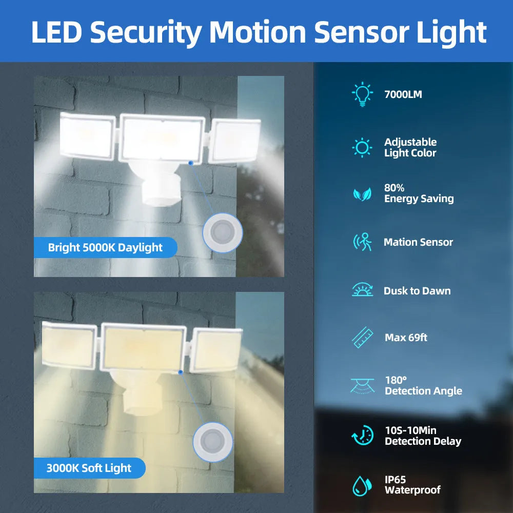 White LED human body induction security flood light with motion sensor showing wall mounting bracket
