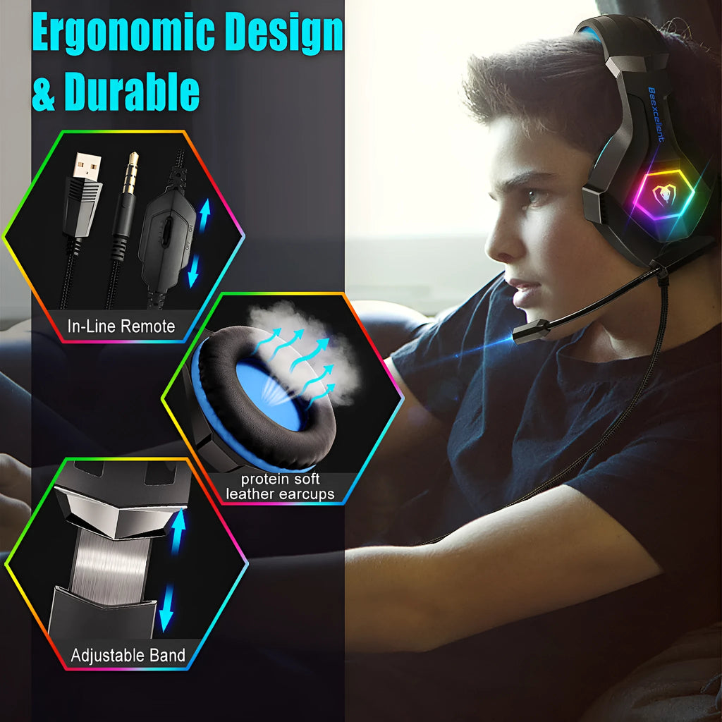 Thunder Wear luminous gaming headset with microphone, 50mm driver, LED lighting, black blue colour