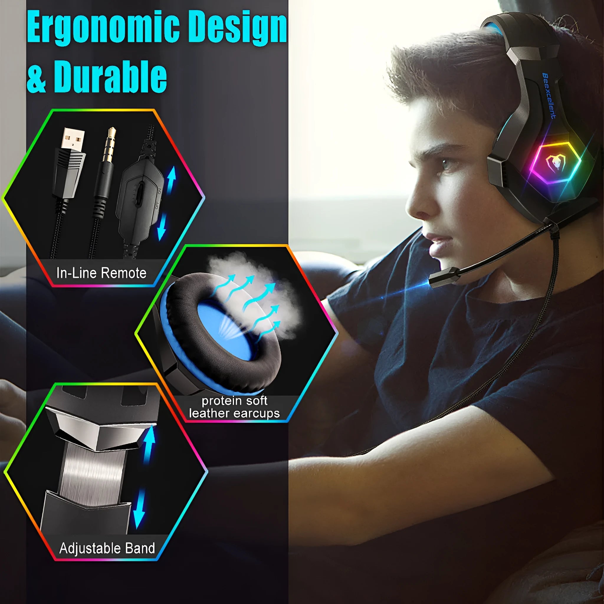 Thunder Wear luminous gaming headset with microphone, 50mm driver, LED lighting, black blue colour
