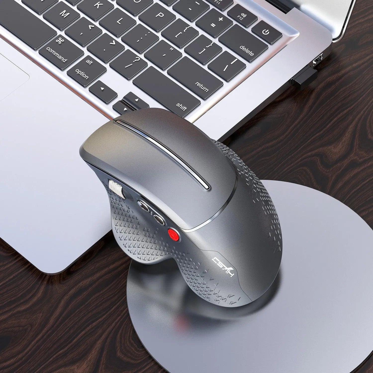 T32 black and silver wireless vertical ergonomic mouse with aluminium side roller on a desk.