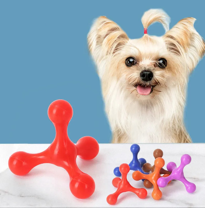 Blue three-legged silicone chew toy for small dogs on a white background.